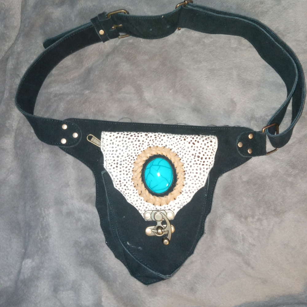 Bohemian Black Waist Bag with Turquoise Accent. Beautiful REAL Animal Hair!